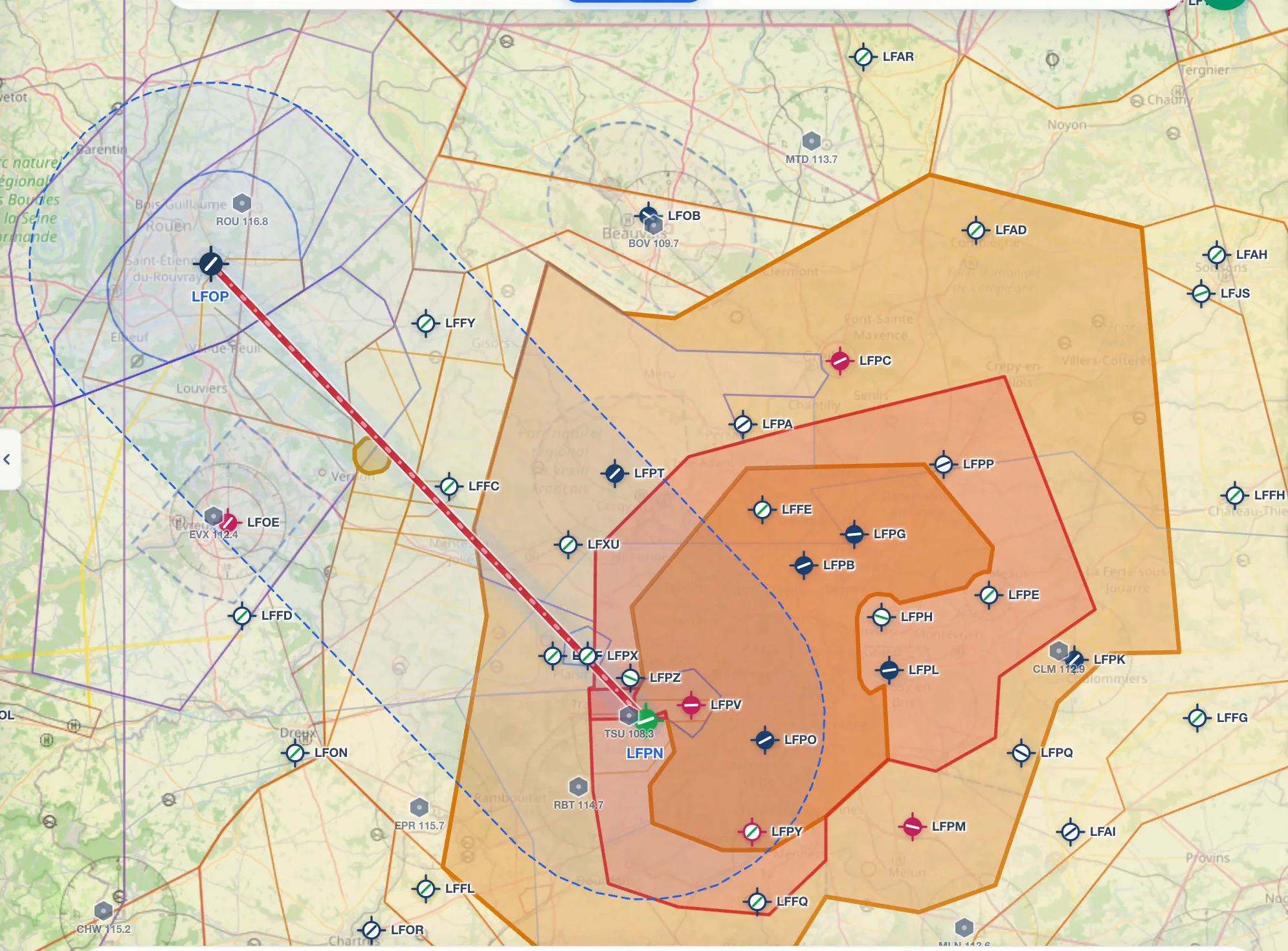 Carte de l'app : la route traverse les TMA de la région parisienne