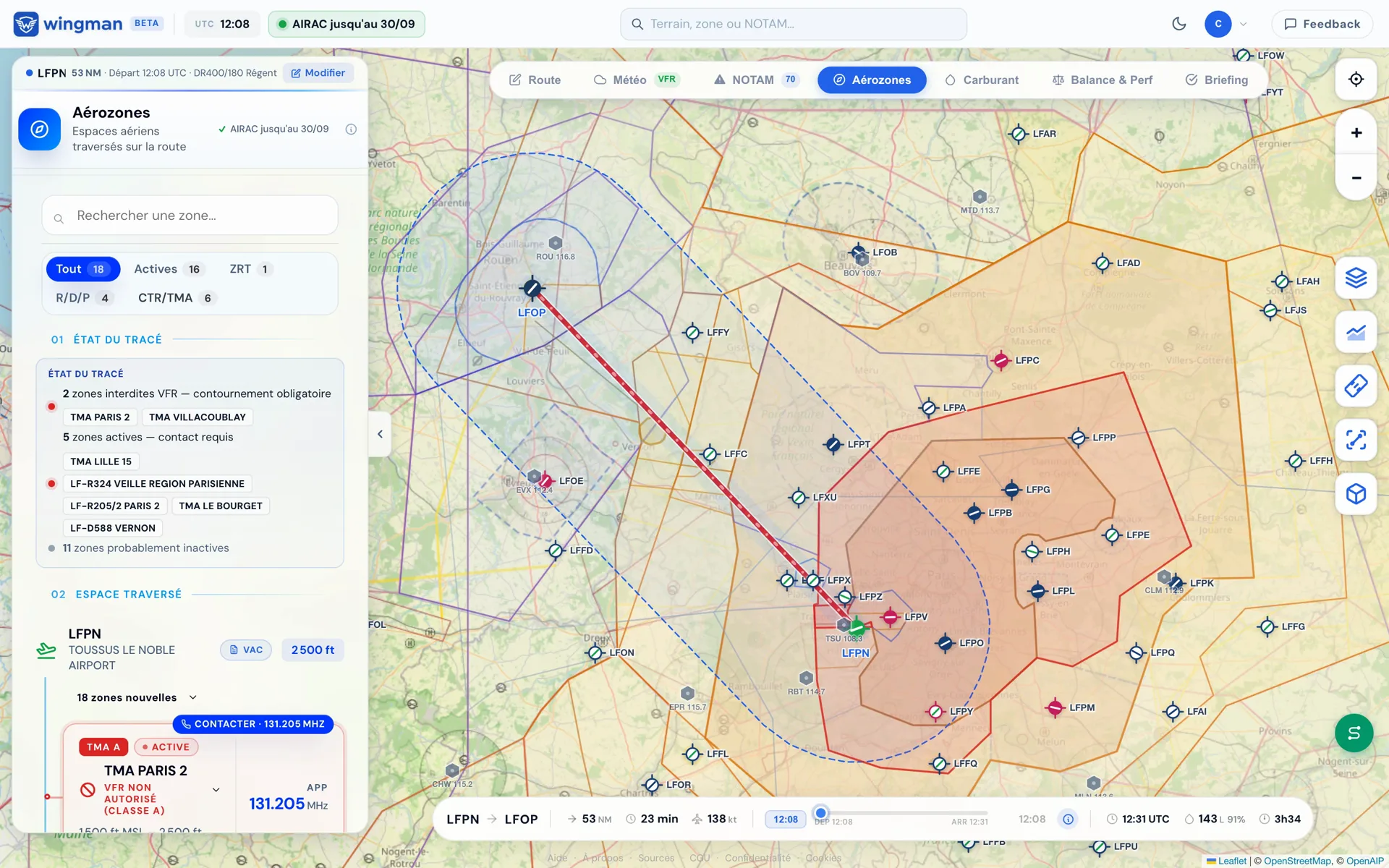 Wingman : les espaces aériens traversés par la route