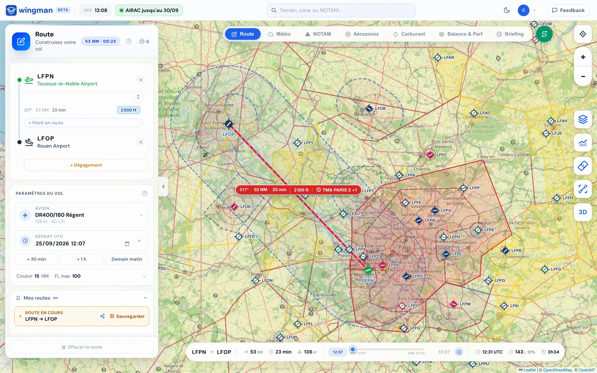 Wingman : la route Toussus-le-Noble → Rouen tracée sur la carte, 53 NM, 23 min