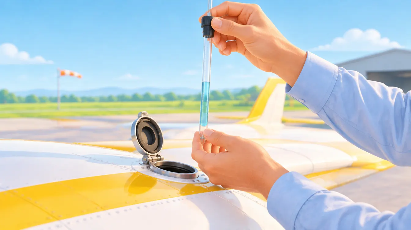 Gros plan sur les mains d'un pilote qui tient une jauge graduée transparente au-dessus du bouchon ouvert du réservoir, sur l'aile d'un avion léger.