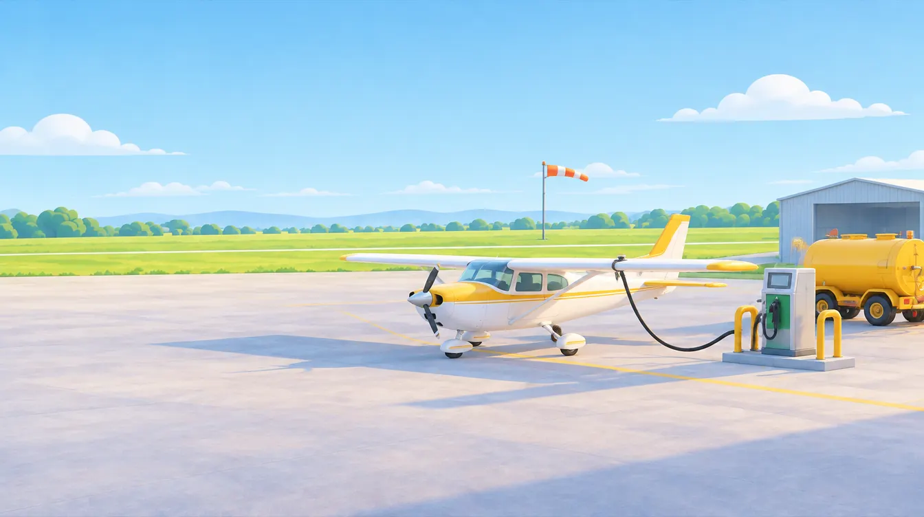 Un petit avion à aile haute blanc et jaune stationné à côté d'une pompe à carburant sur un petit aérodrome, un camion avitailleur jaune et un hangar derrière, par un matin clair.