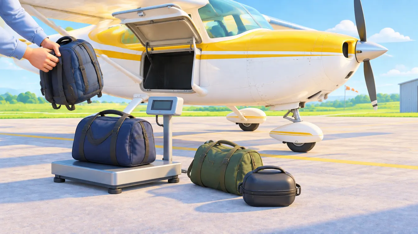 Un sac de voyage posé sur une balance plate près de la soute ouverte d'un avion léger, deux autres sacs attendent au sol.