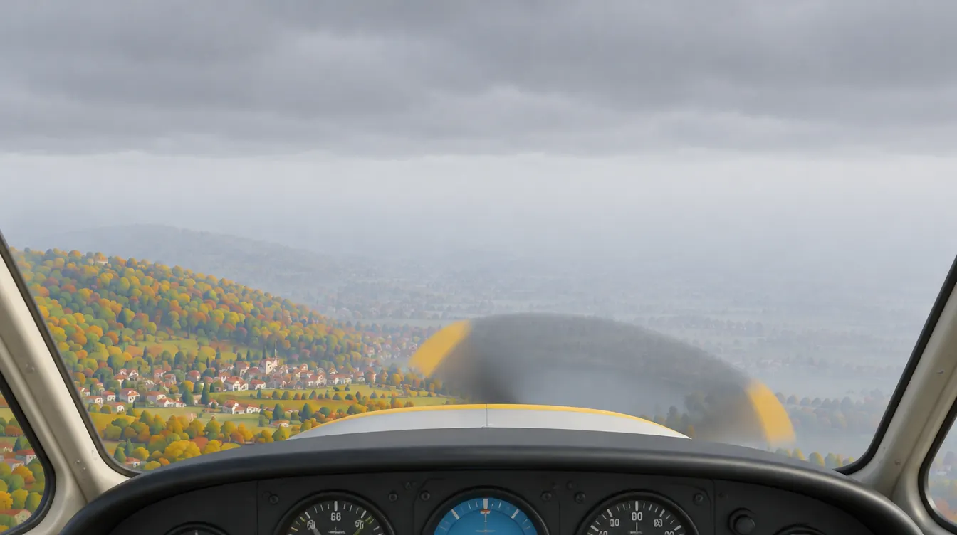 Vue depuis le cockpit d'un avion léger dans la brume : le village le plus proche est net, tout le reste se fond dans un mur gris pâle.