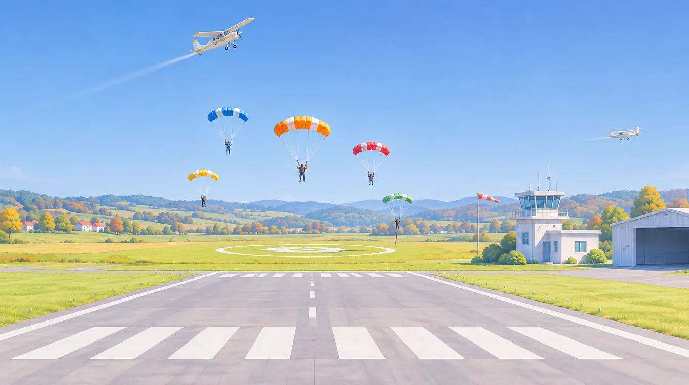 Des parachutistes descendent sous des voiles colorées au-dessus d'un petit aérodrome, l'avion largueur au-dessus, un avion léger passe au large.