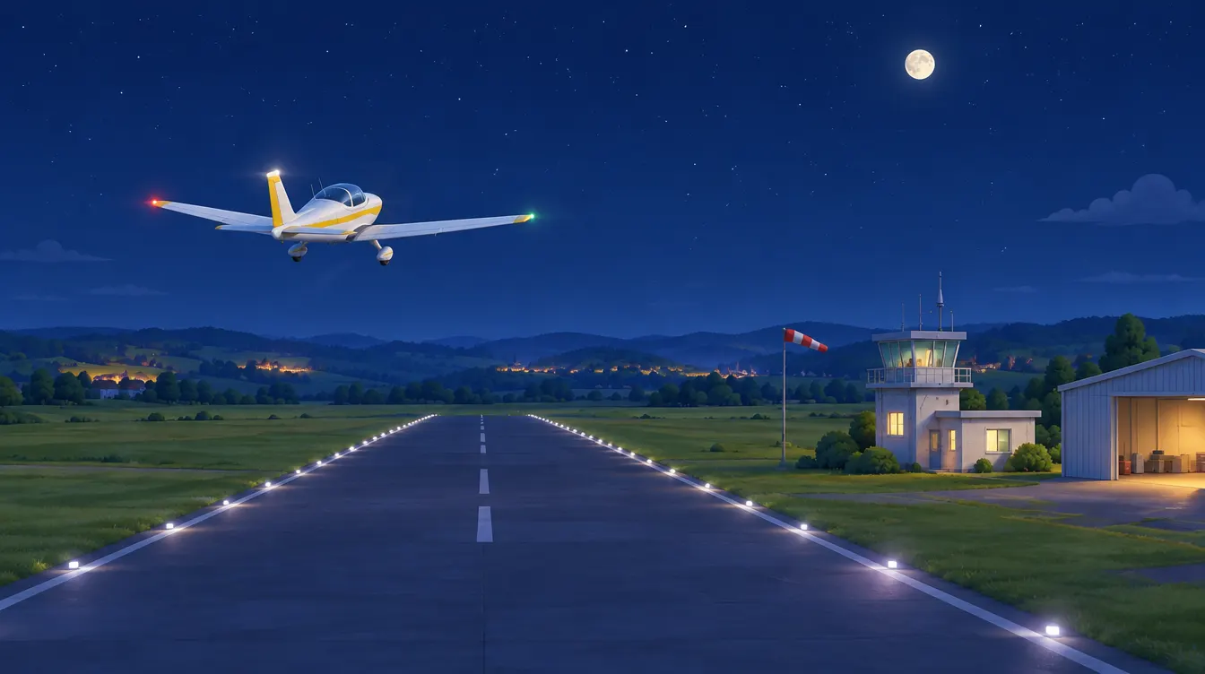 Un petit avion décolle de nuit d'un aérodrome éclairé et s'éloigne vers la campagne parsemée des lumières des villages.