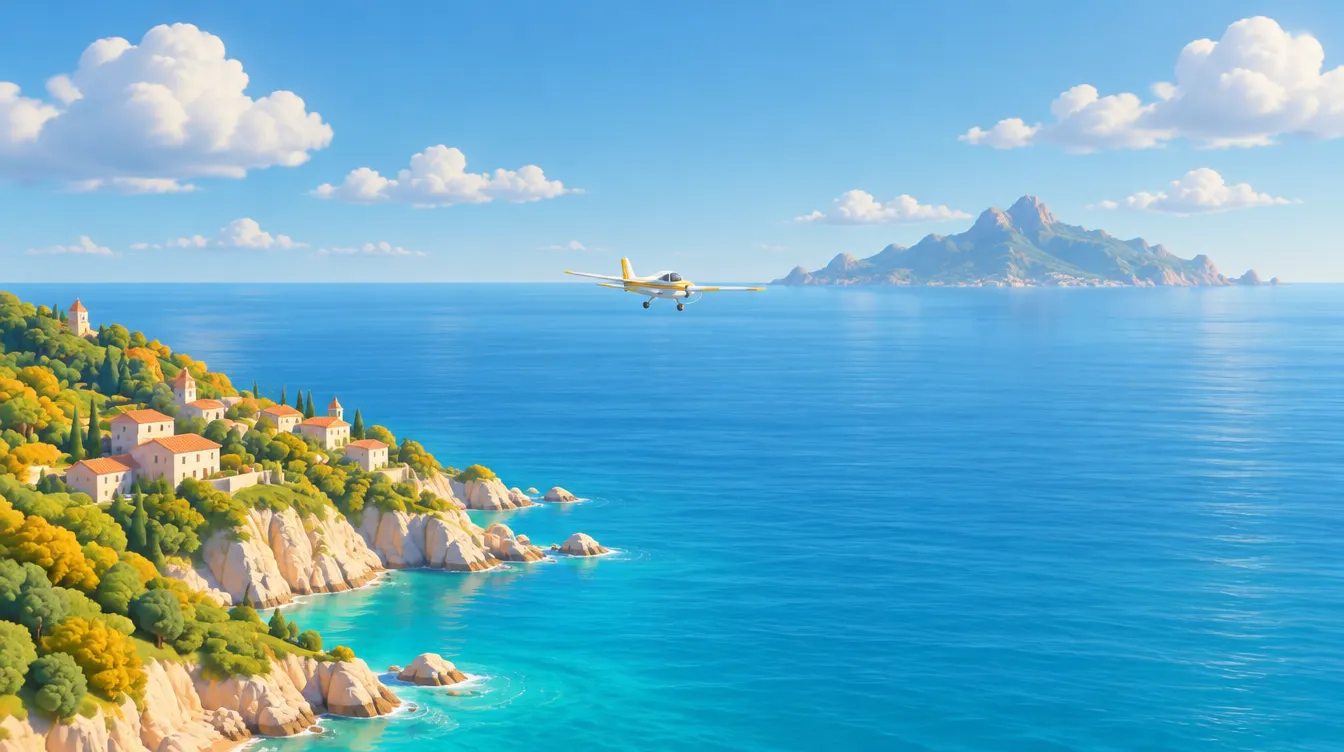 Un petit avion blanc et jaune quitte une côte méditerranéenne rocheuse et s'éloigne au-dessus de la mer vers une île montagneuse à l'horizon.