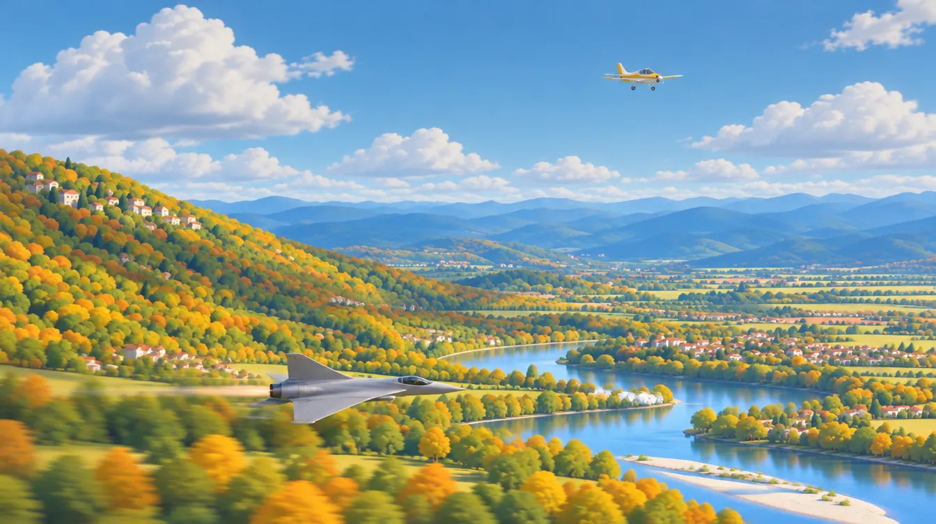 Un avion de chasse gris vole très bas le long d'une vallée boisée en automne, tandis qu'un petit avion blanc et jaune croise loin au-dessus.
