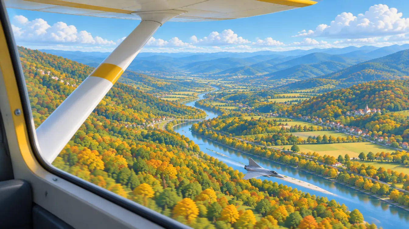 Vue depuis la fenêtre d'un avion léger à aile haute : loin en dessous, un chasseur gris suit la rivière au fond d'une vallée boisée.