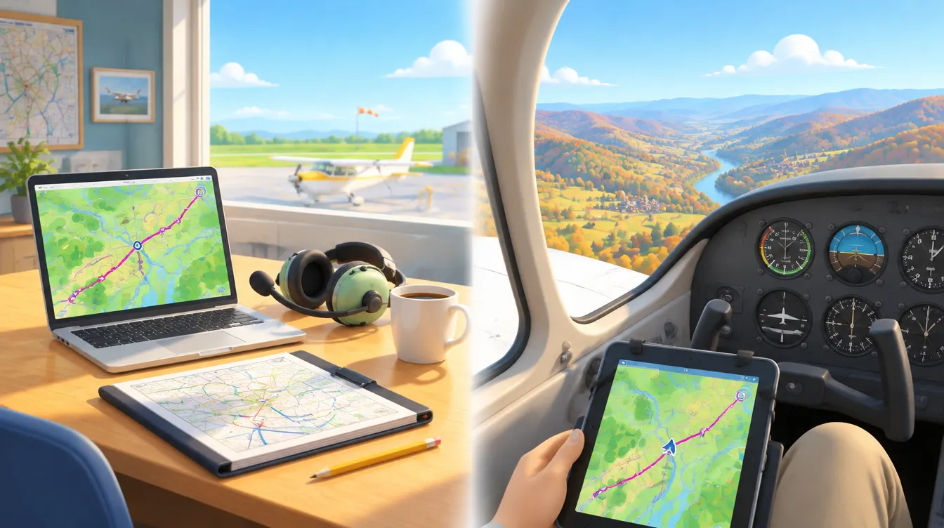 À gauche, un bureau d'aéroclub avec un ordinateur portable affichant une route sur une carte, un dossier de vol et un casque ; à droite, le cockpit d'un avion léger en vol avec une tablette de navigation sur la planchette.