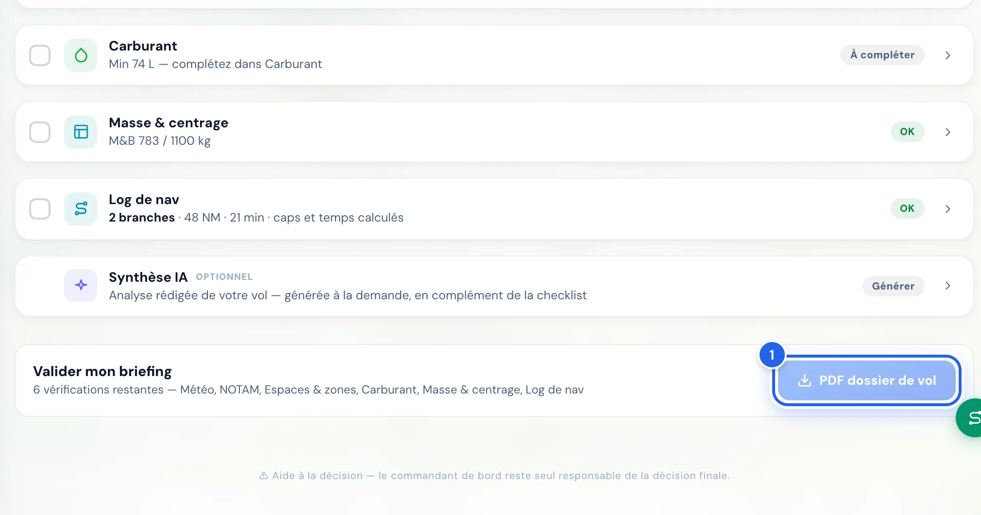 Bloc Valider mon briefing avec le bouton PDF dossier de vol grisé