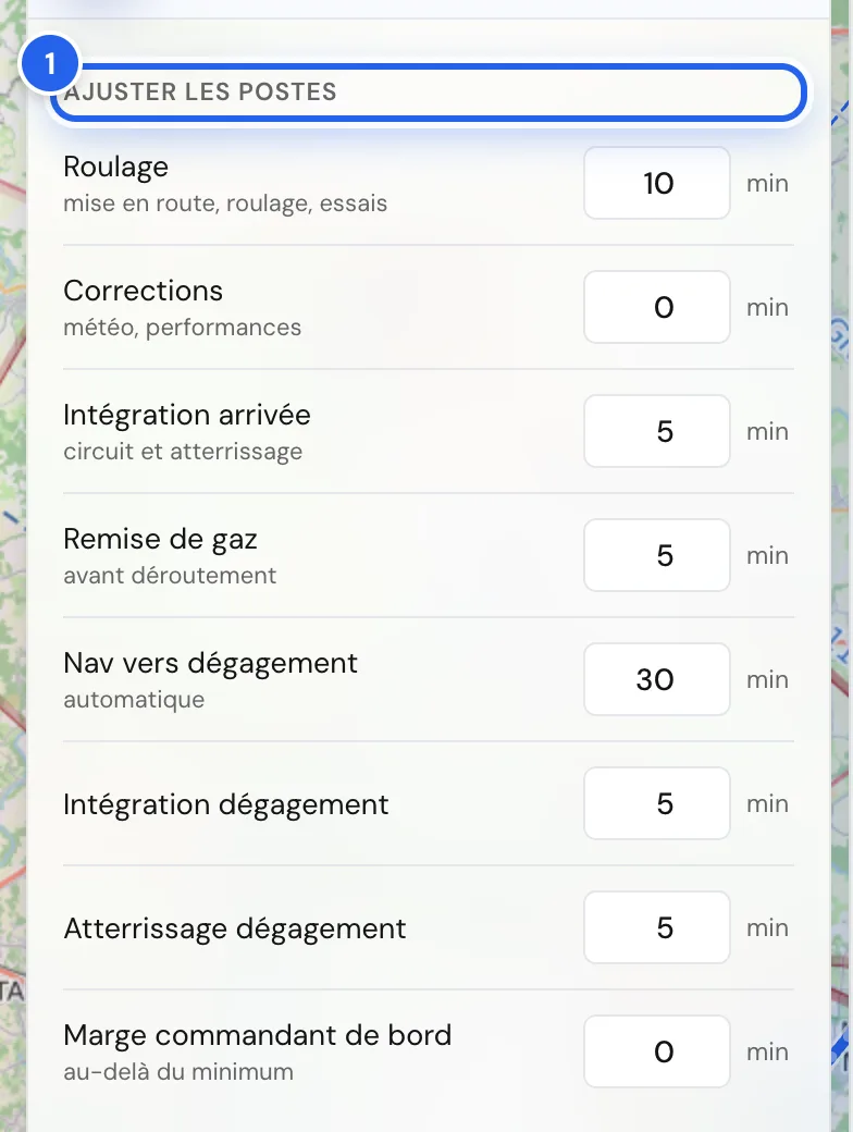 Colonne Ajuster les postes : roulage, corrections, intégration, remise de gaz, navigation vers le dégagement