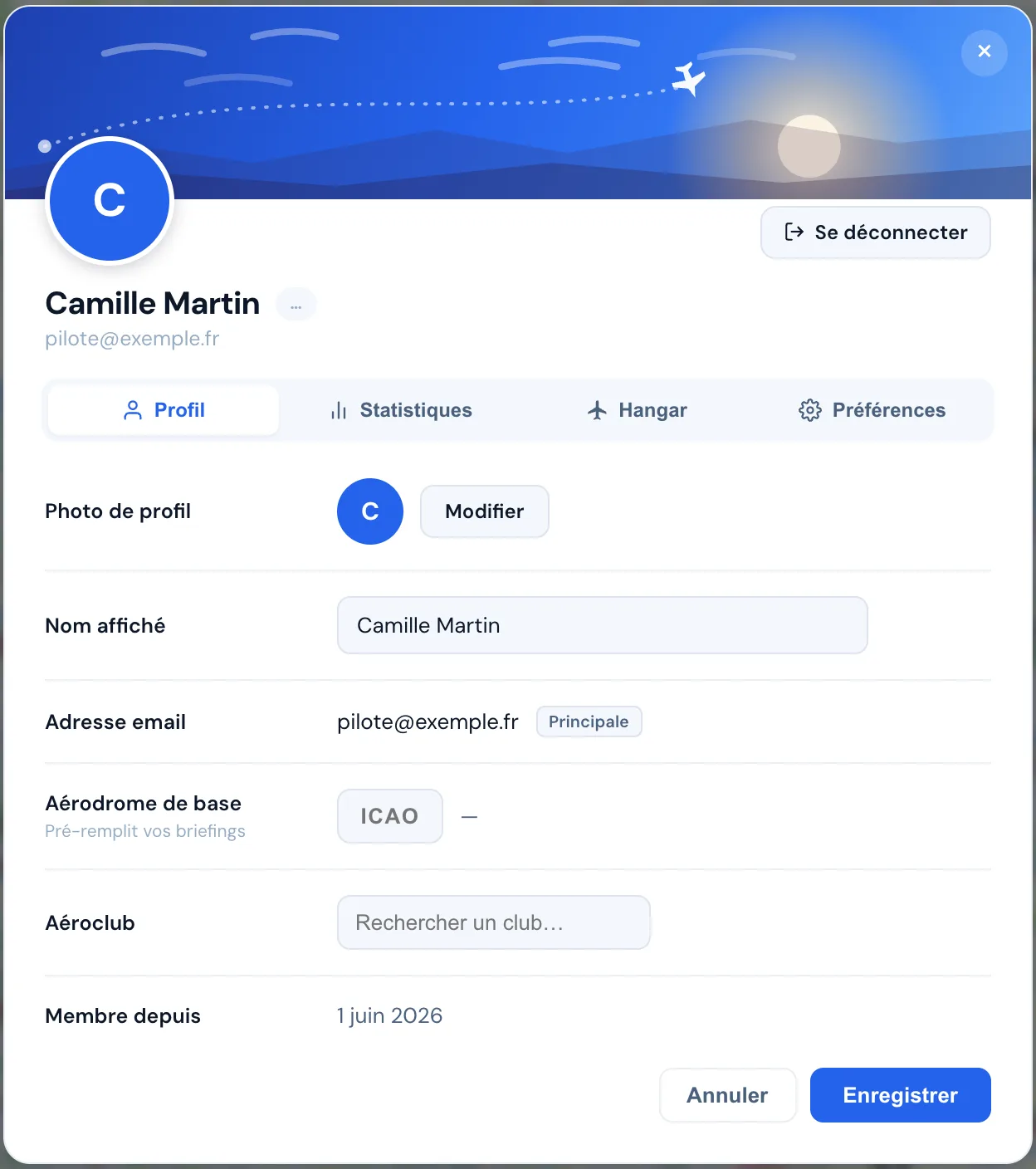 Fenêtre Mon profil : photo, nom affiché, e-mail, aérodrome de base, aéroclub
