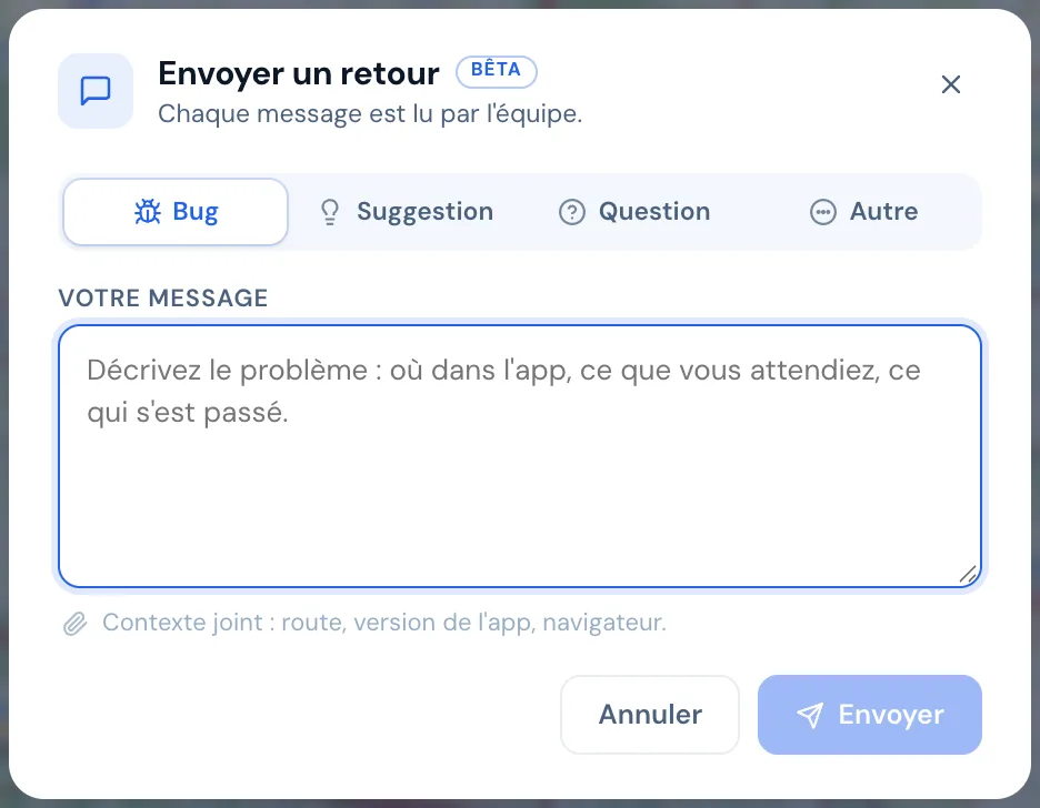 Fenêtre Envoyer un retour : Bug, Suggestion, Question, Autre, et zone de message