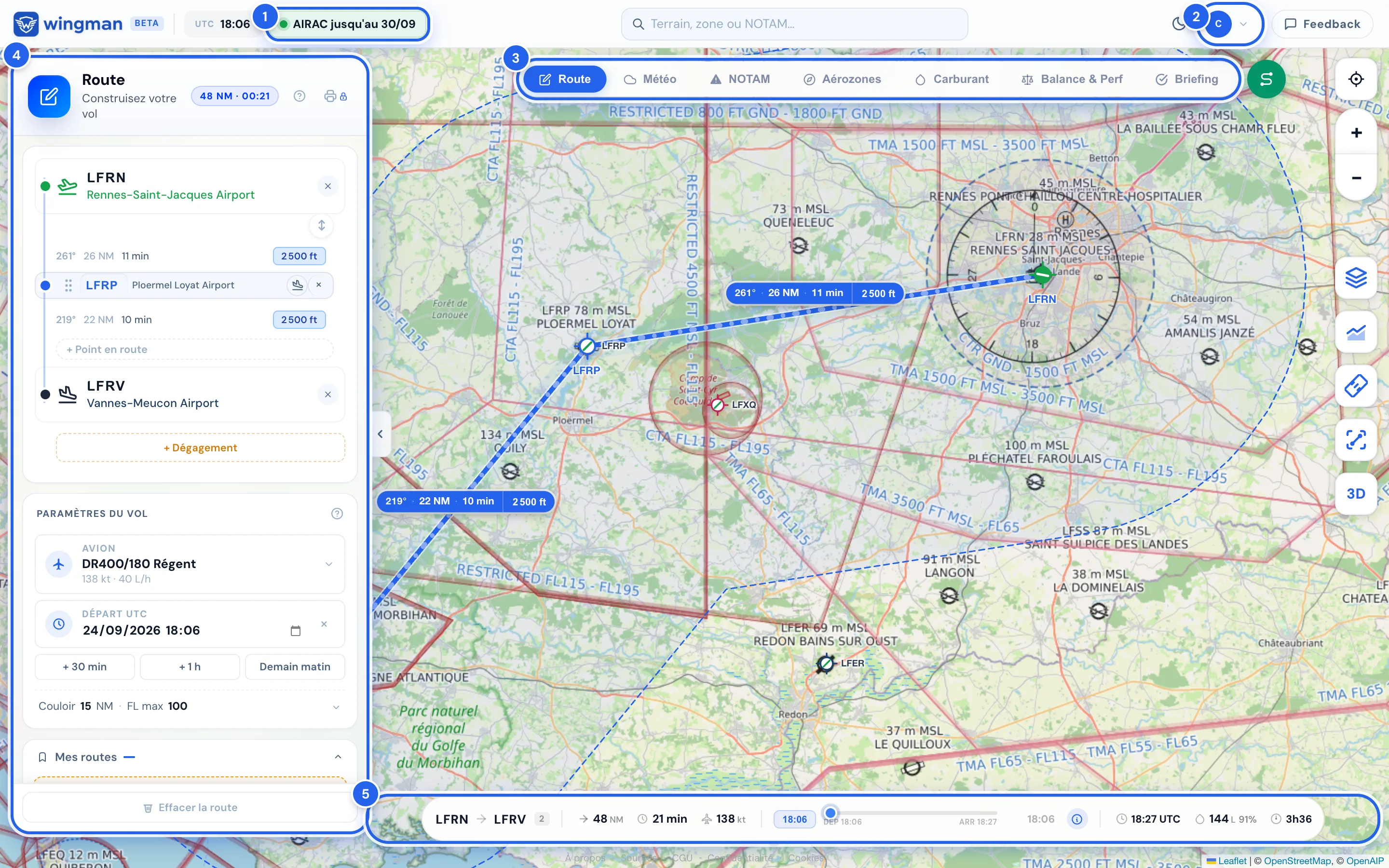 Écran du site Wingman annoté : barre du haut, compte, onglets, panneau latéral, bandeau de vol