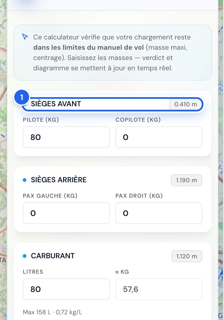 Colonne de chargement : sièges avant, sièges arrière, carburant, bagages