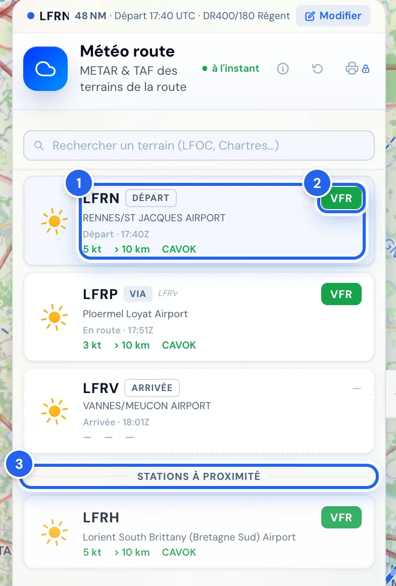 Panneau Météo route avec LFRN, LFRP et LFRV, tous en VFR