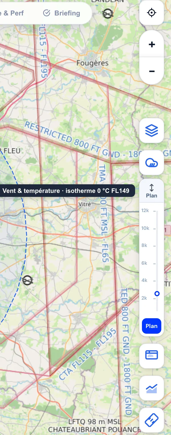 Règle verticale d'altitude avec le bouton Plan et l'isotherme 0 °C