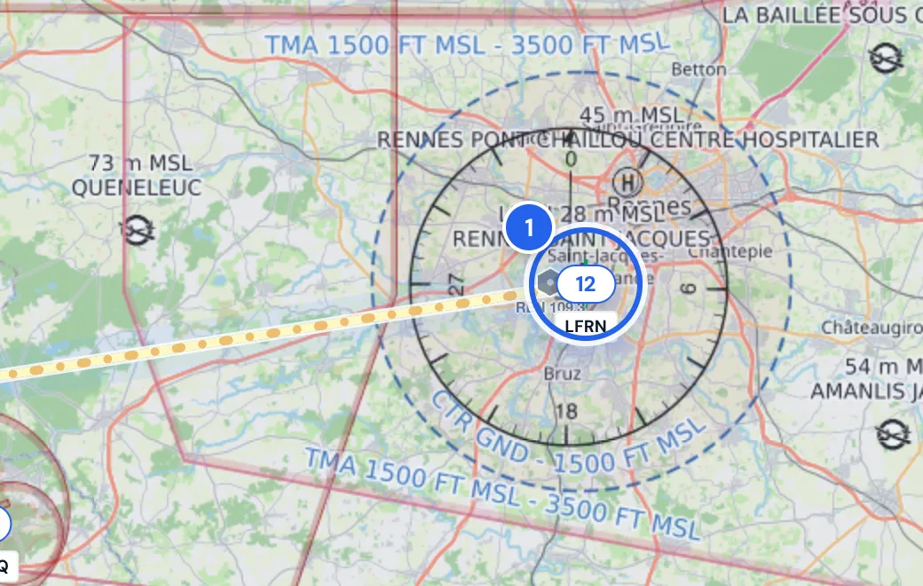 Compteur de NOTAM sur l'aérodrome LFRN, sur la carte