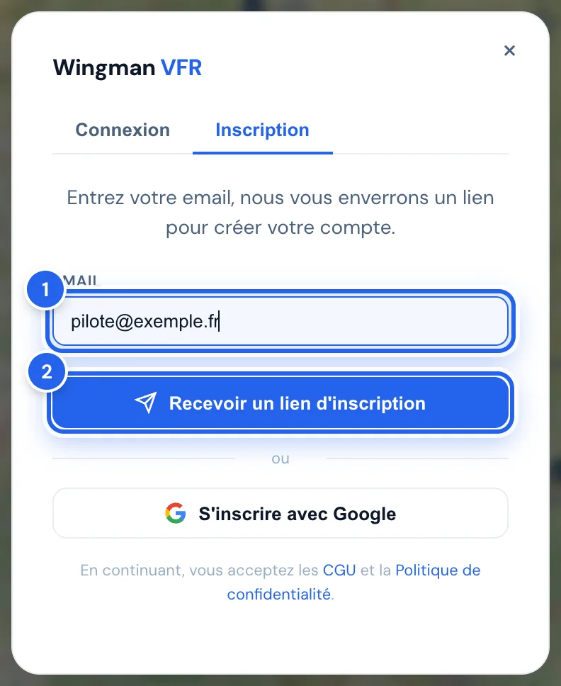 Fenêtre d'inscription : e-mail et bouton Recevoir un lien d'inscription