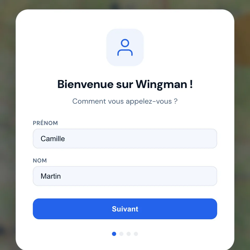 Écran Bienvenue sur Wingman : prénom et nom