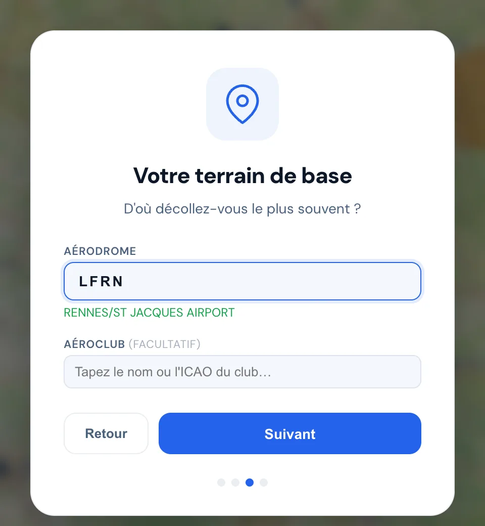 Écran Votre terrain de base : LFRN reconnu, aéroclub facultatif