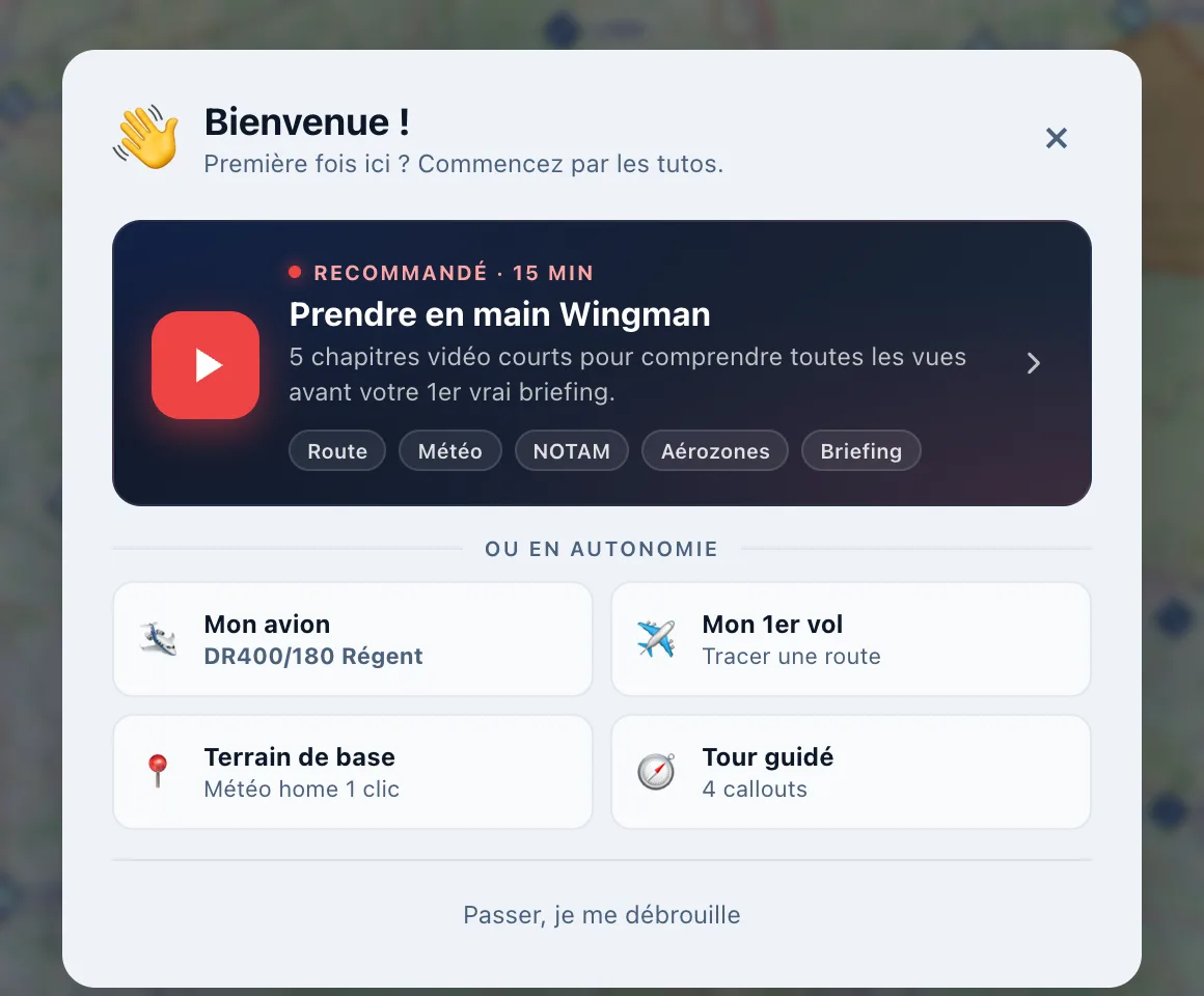 Fenêtre Bienvenue : tutoriels vidéo et quatre raccourcis Mon avion, Mon 1er vol, Terrain de base, Tour guidé