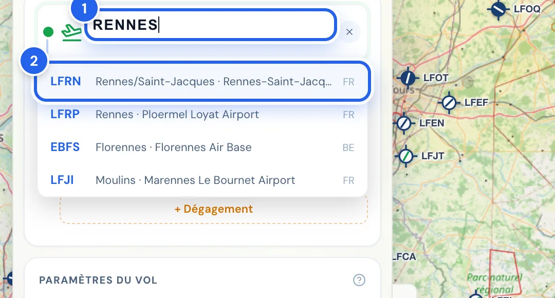 Champ de départ avec « Rennes » tapé et la liste de suggestions
