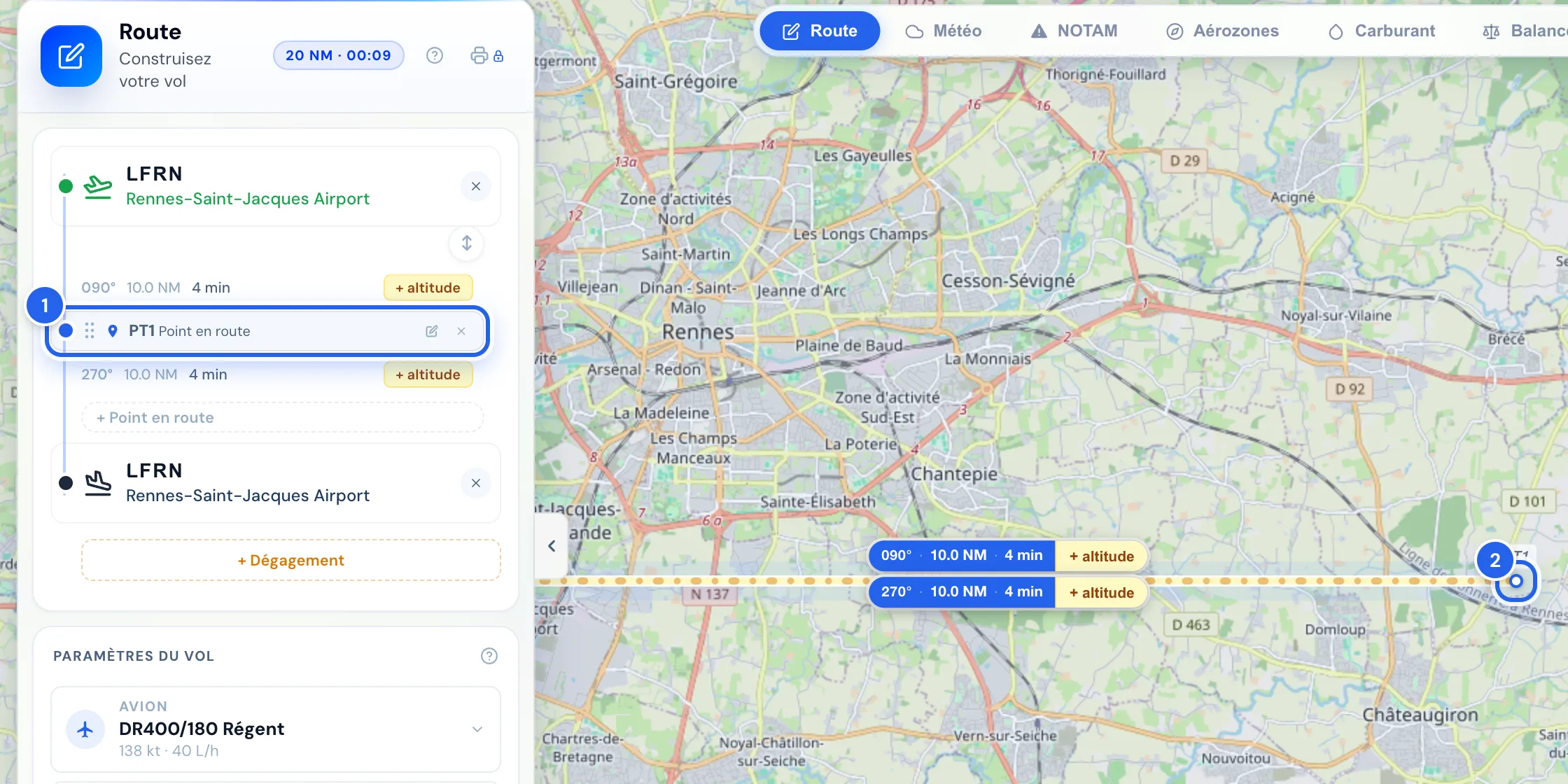 Boucle au départ et à l'arrivée de LFRN avec un point provisoire PT1