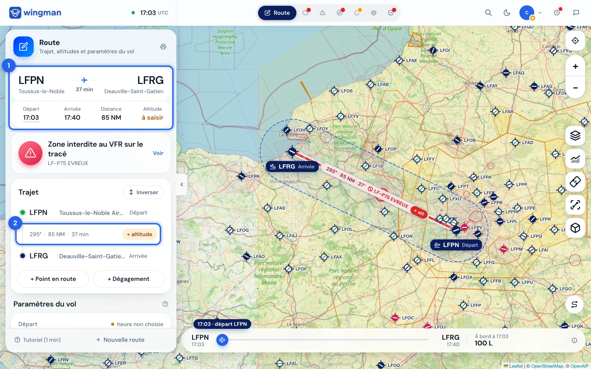 La route tracée : le billet du vol et sa branche.