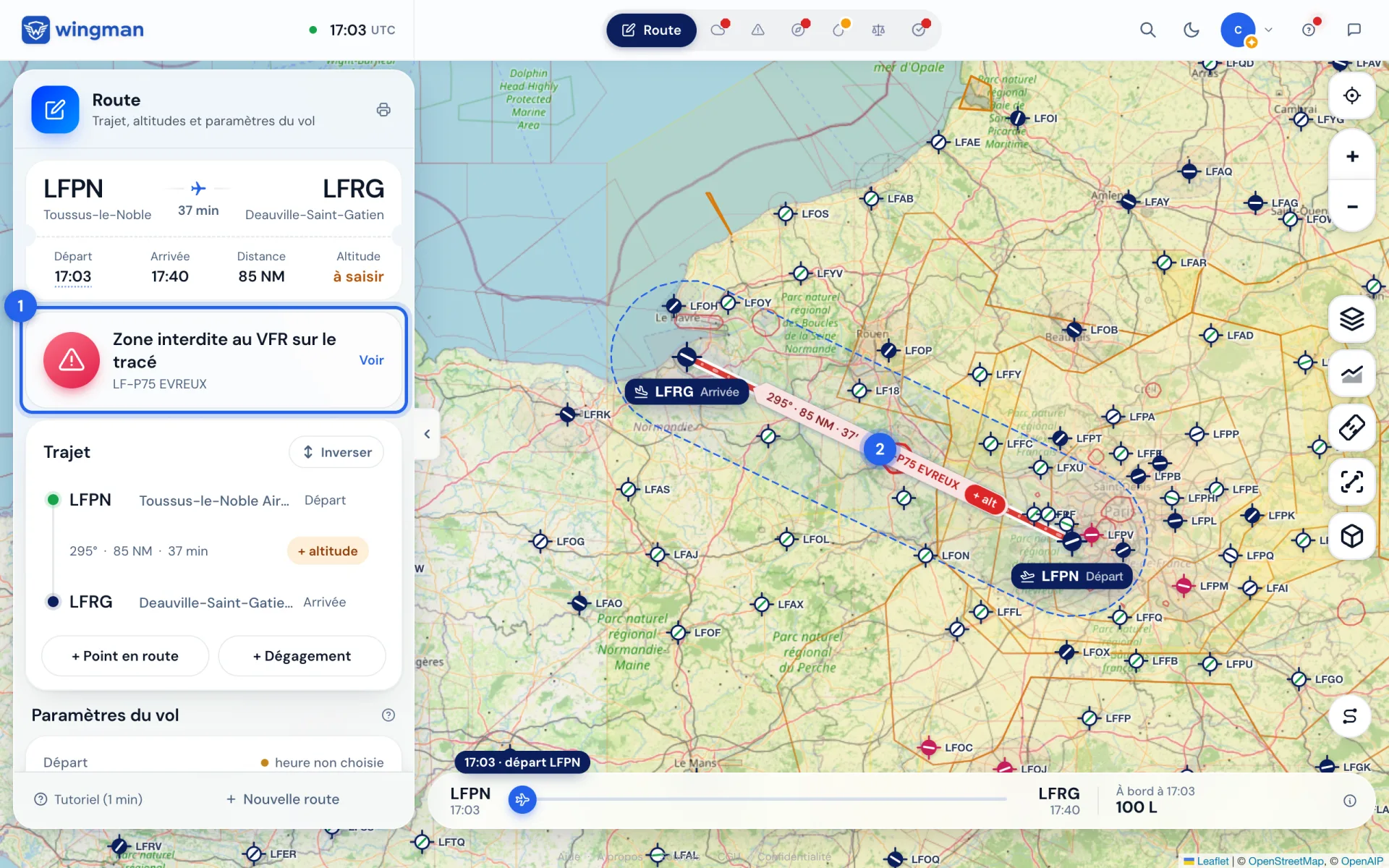 L’alerte « Zone interdite au VFR sur le tracé » (1) et la branche rouge sur la carte (2).