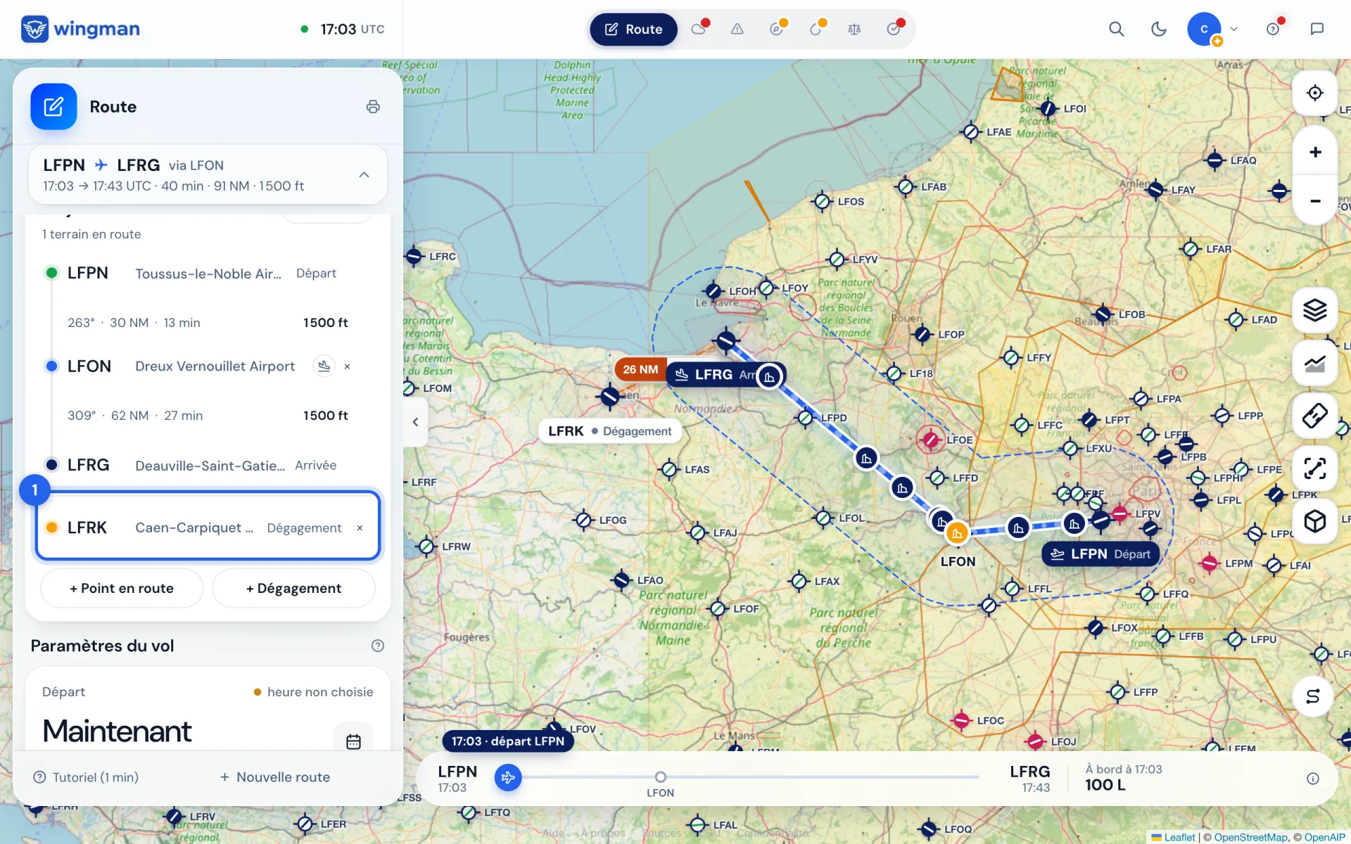 Caen en dégagement (1), avec sa distance depuis Deauville sur la carte.