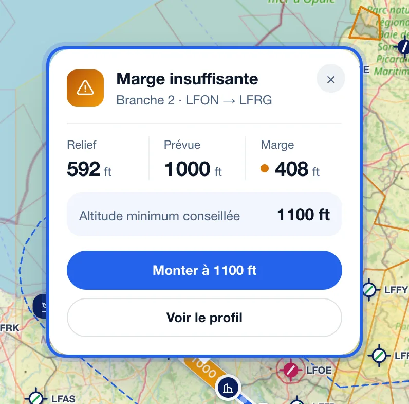 La fenêtre « Marge insuffisante » : relief, altitude prévue, marge et altitude conseillée.