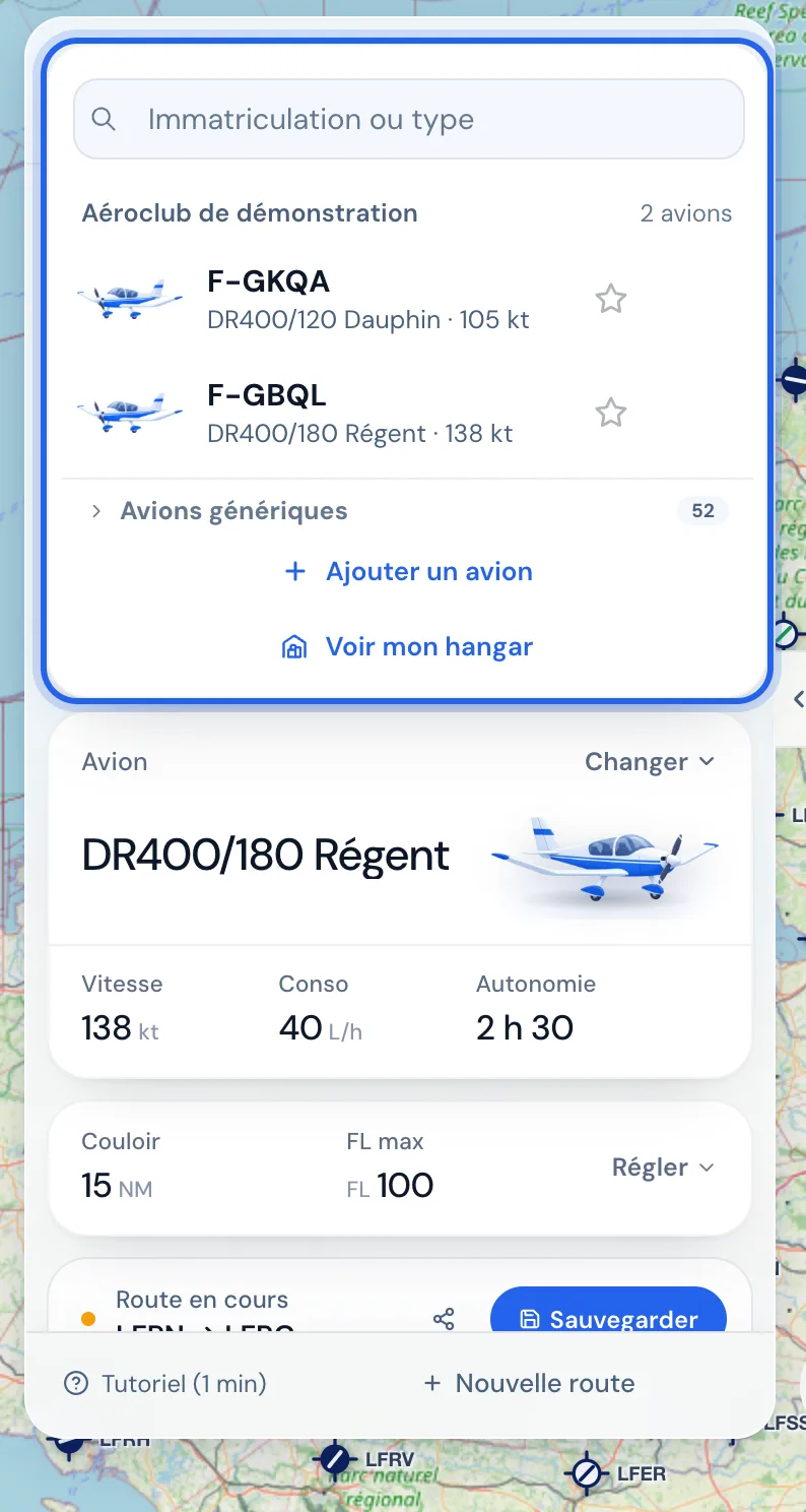 La liste des avions : flotte du club, avions génériques, « Ajouter un avion ».