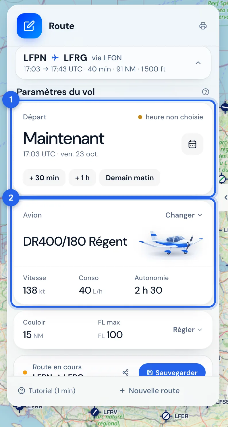 Les cartes Départ (1) et Avion (2) des paramètres du vol.