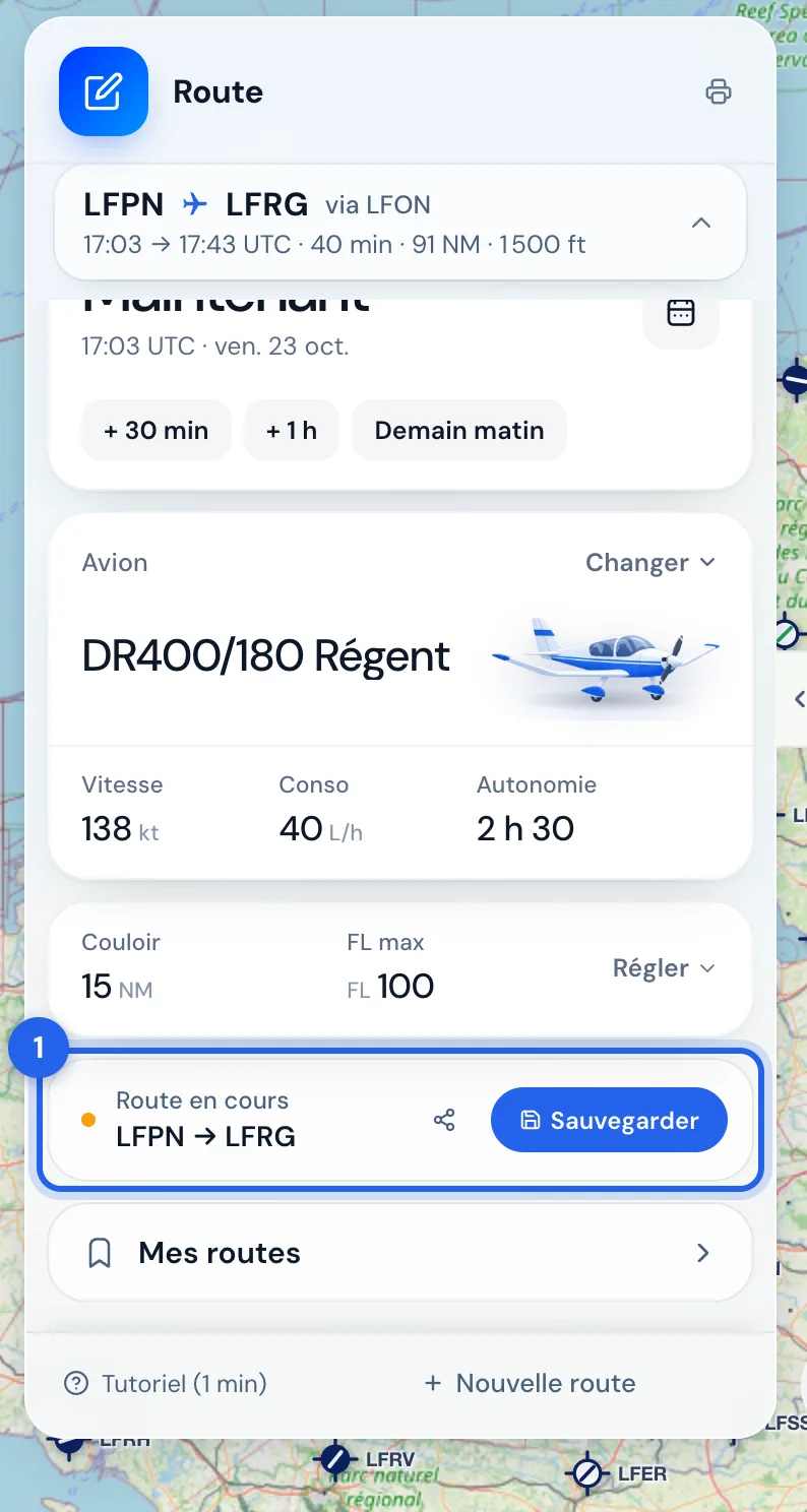 La route en cours, et son bouton « Sauvegarder » (1).