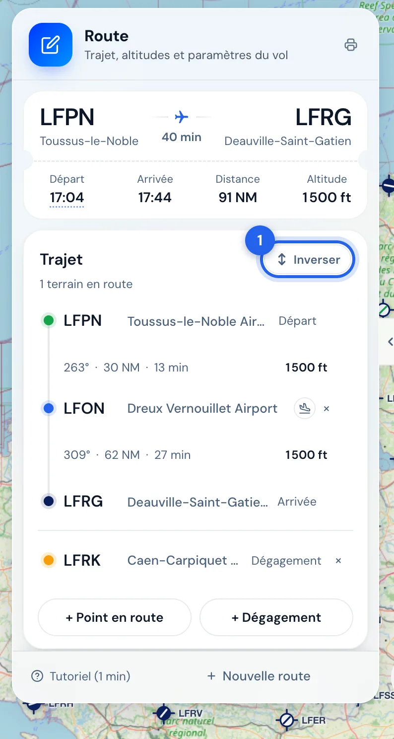 Le bouton « Inverser » (1), en haut du trajet.