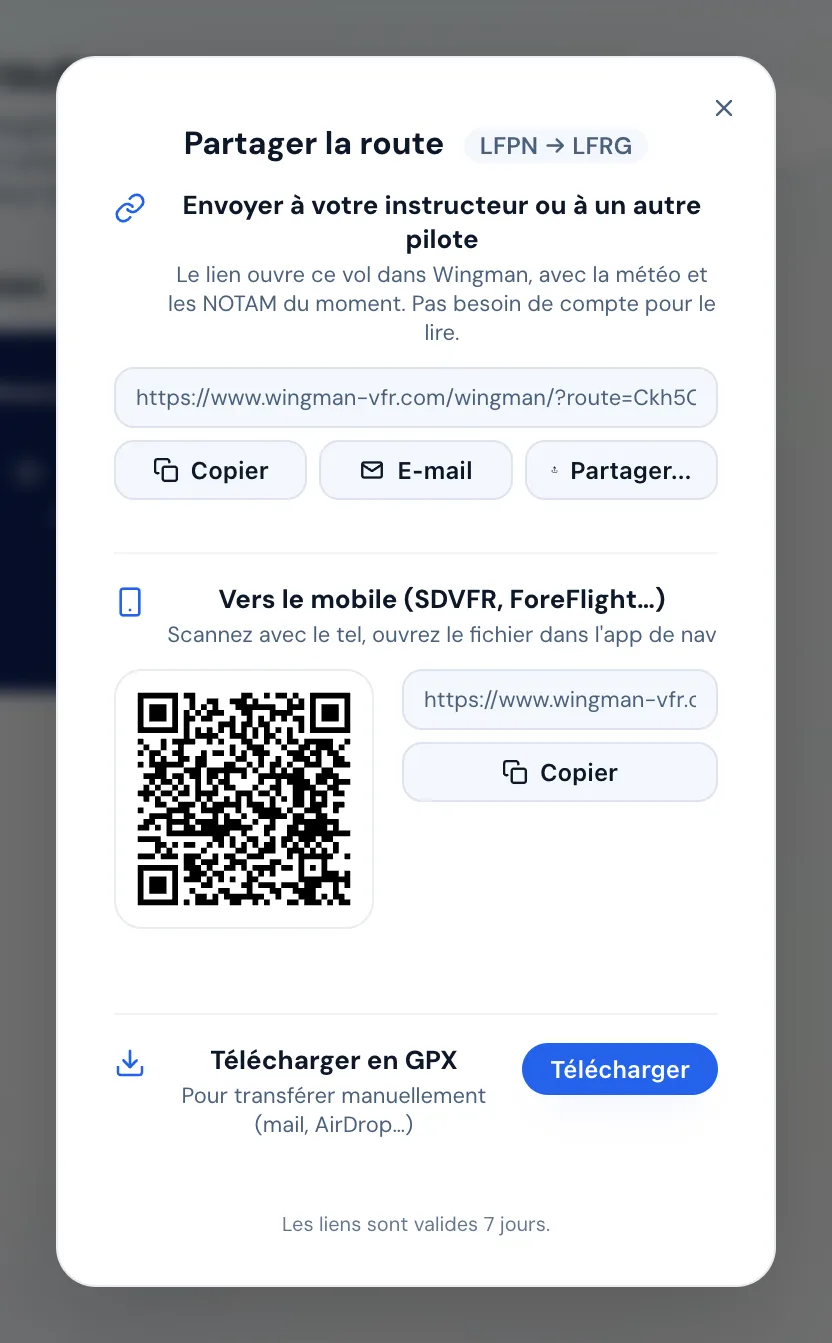 La fenêtre « Partager la route » : le lien, le QR code pour le téléphone, le fichier GPX.