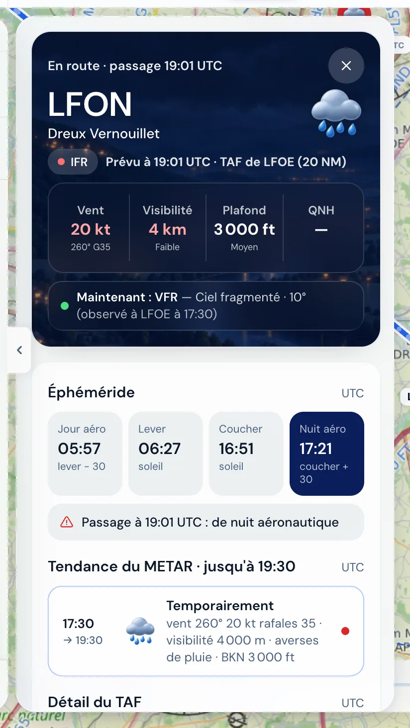 La fiche météo de Dreux : prévue IFR à 18:52 UTC d’après le TAF d’Évreux, VFR observé maintenant.