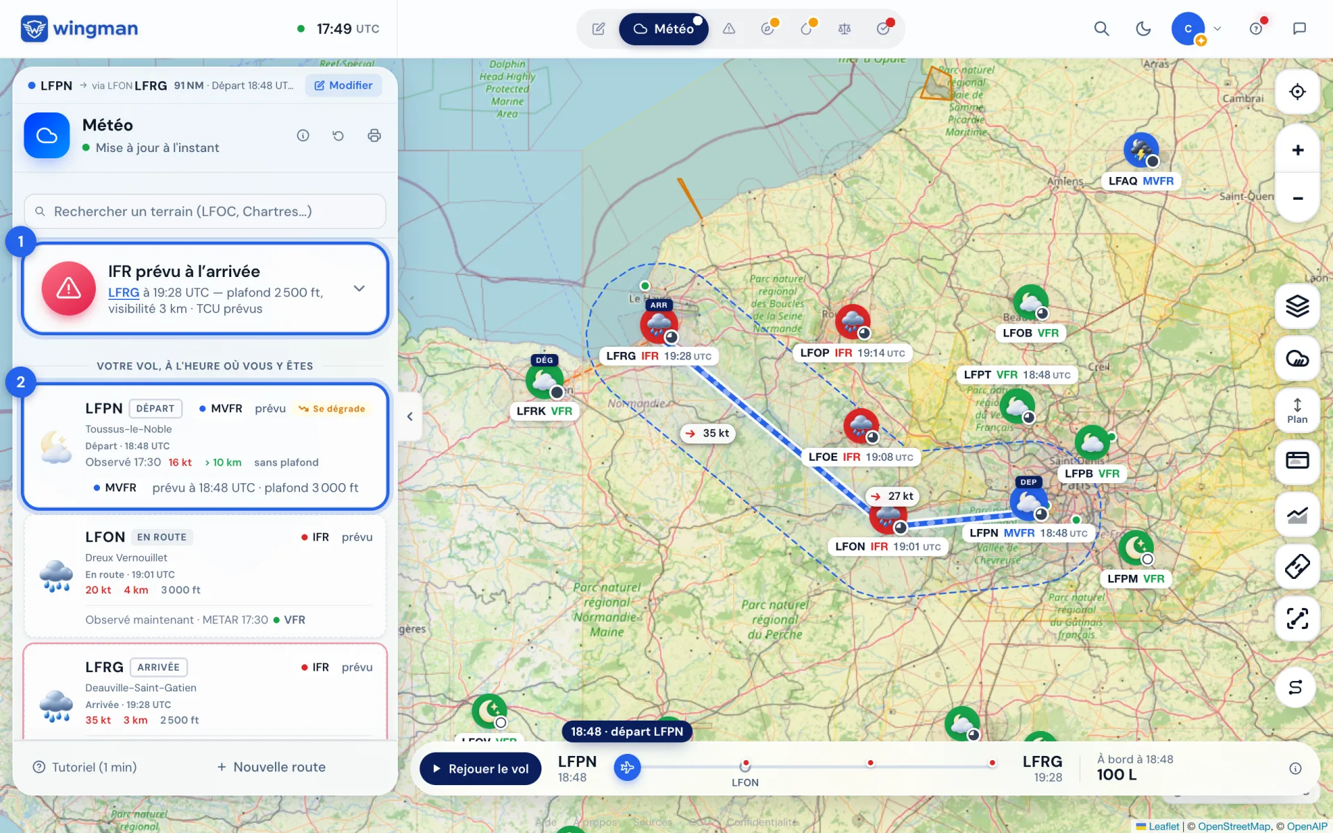 Le résumé du vol (1) et la carte du terrain de départ (2) ; sur la carte, chaque terrain avec sa catégorie et son heure de passage.