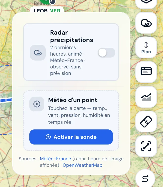 Les couches météo : le radar de Météo-France et la météo d’un point.