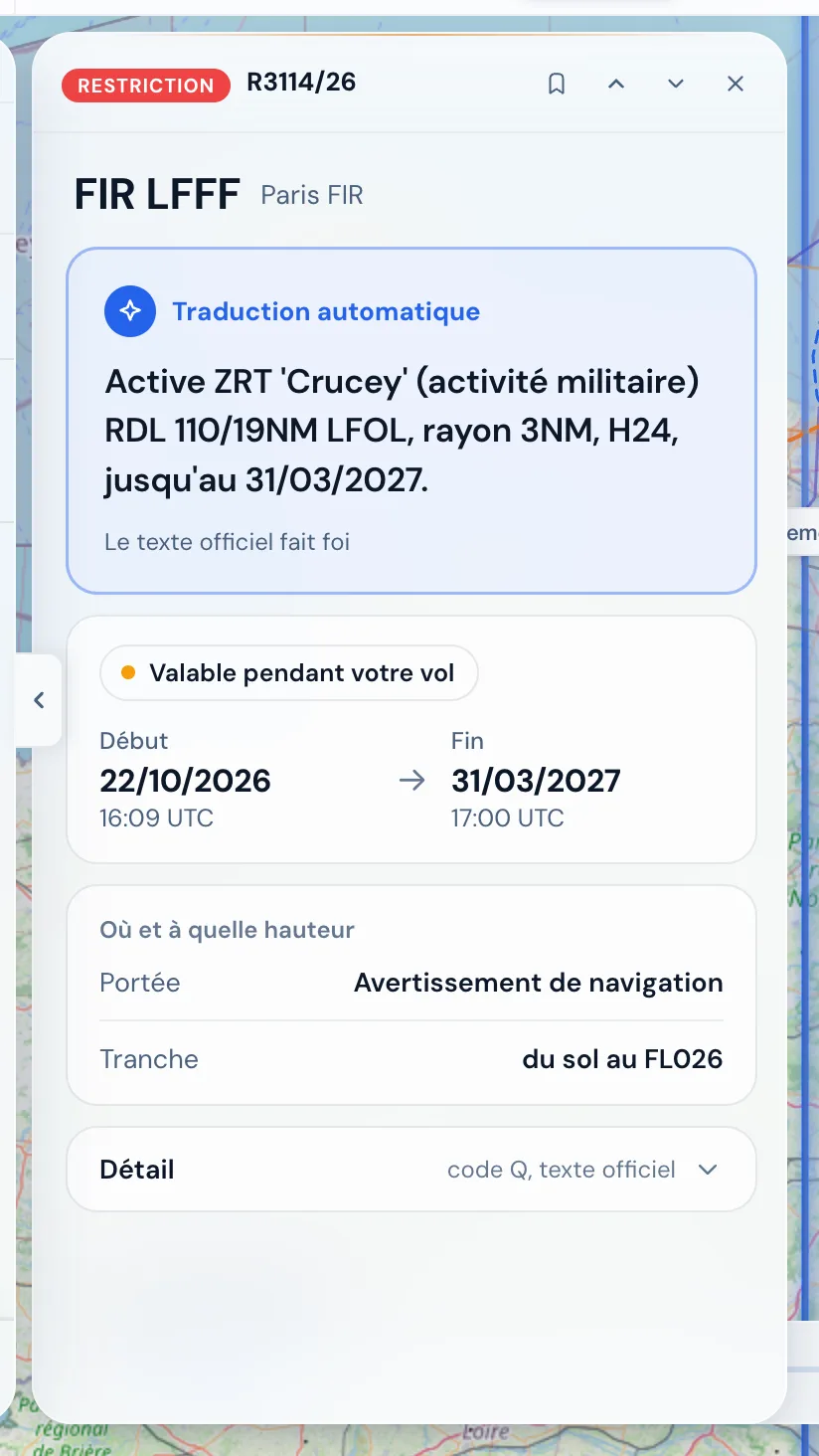 Le détail d’un NOTAM : le résumé, la validité pendant votre vol, la tranche d’altitude.