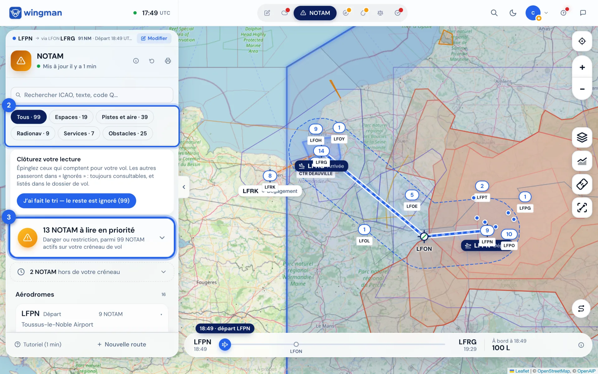 Les NOTAM à lire en priorité (1), les filtres (2) et la liste rangée par aérodrome, zone et FIR (3).