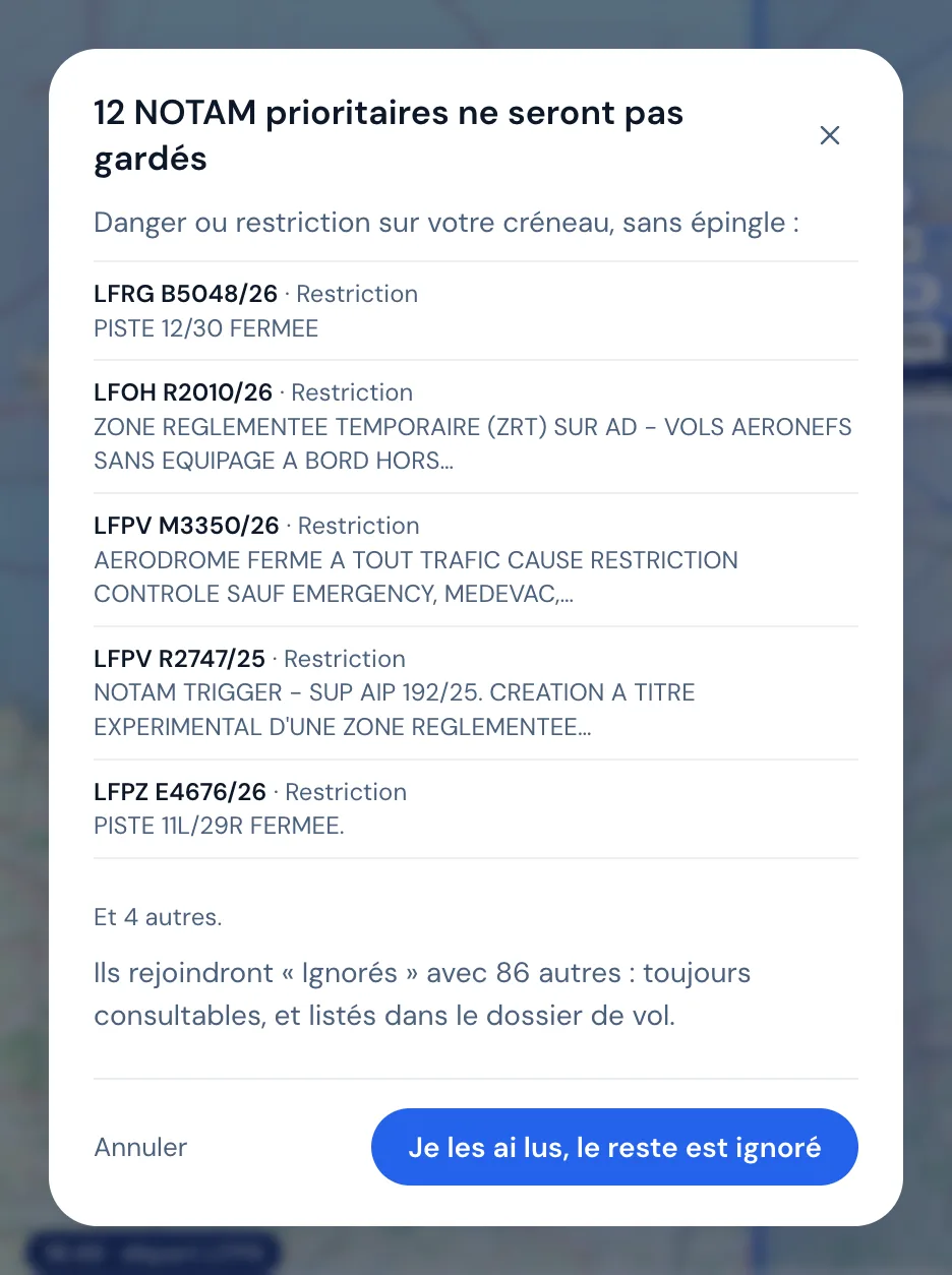Les NOTAM prioritaires non gardés, nommés avant de clôturer.