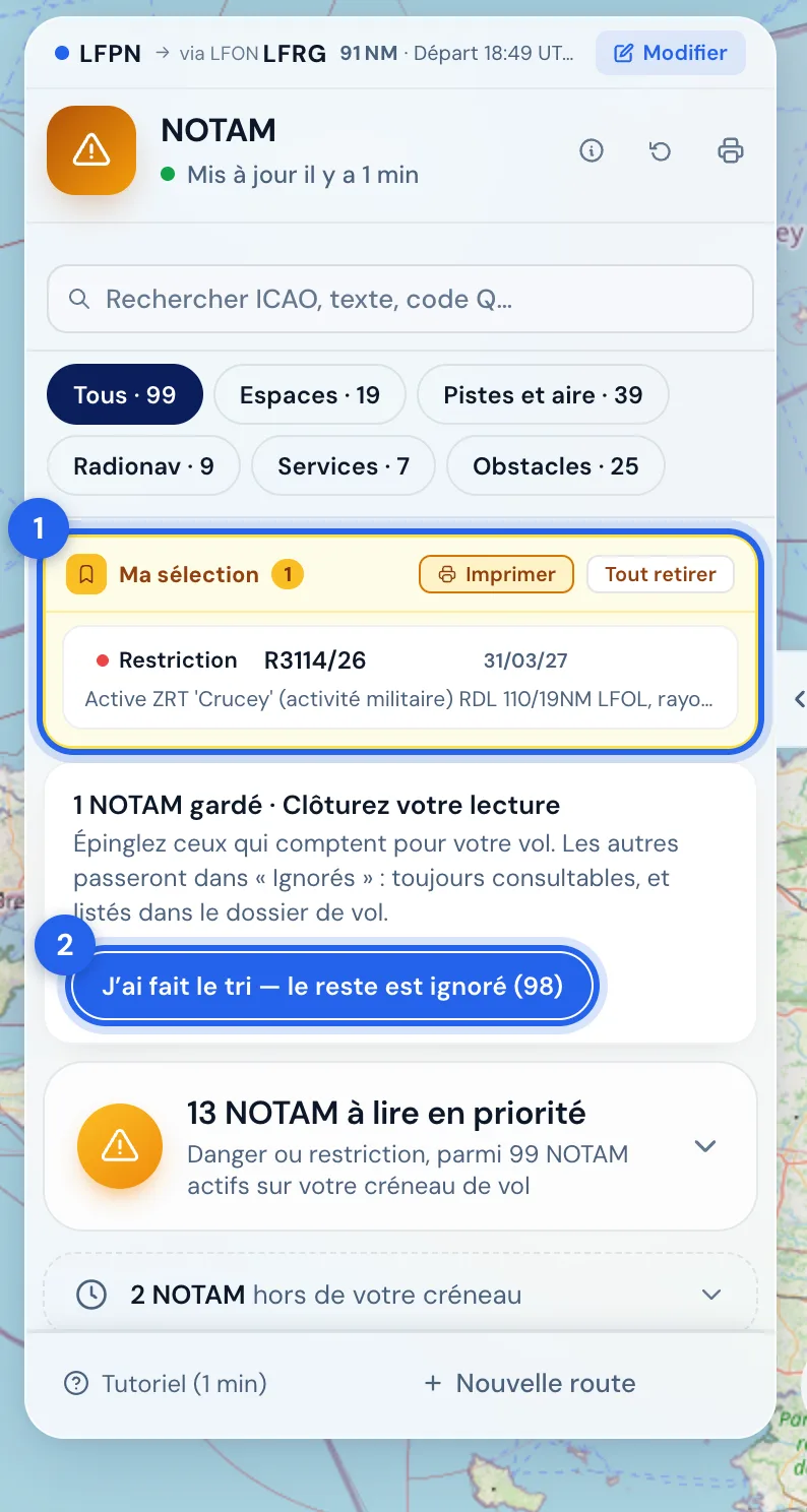 Ma sélection (1), et le bouton pour clôturer la lecture (2).