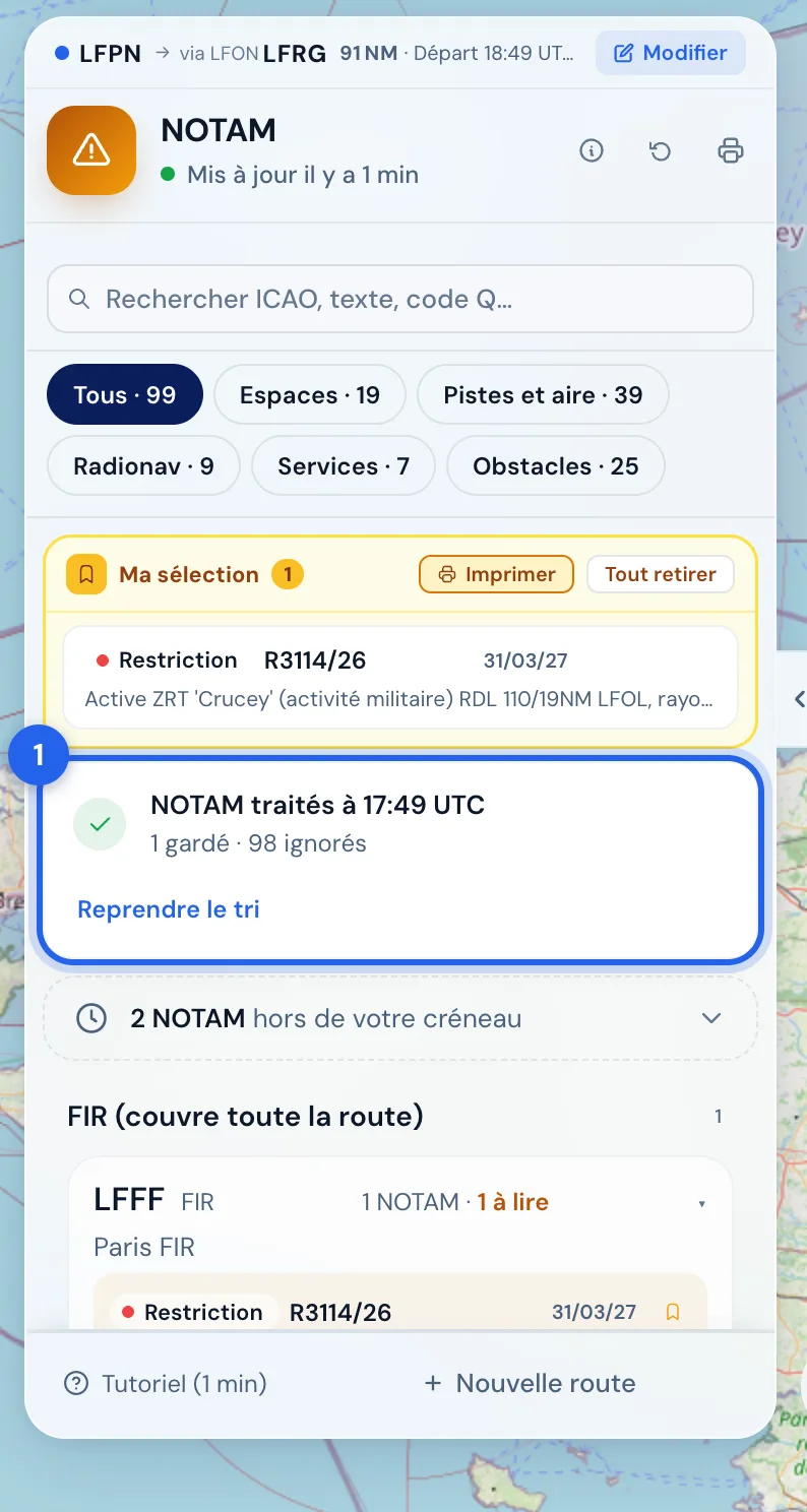 « NOTAM traités » : gardés, ignorés, et « Reprendre le tri ».