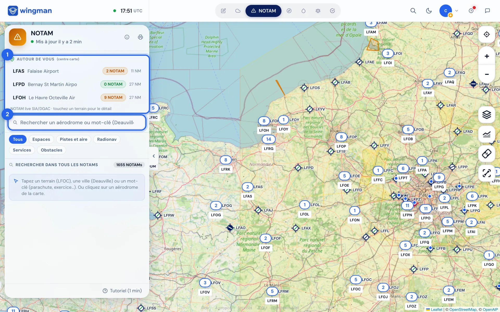Les terrains autour du centre de la carte (1) et la recherche dans tous les NOTAM (2).