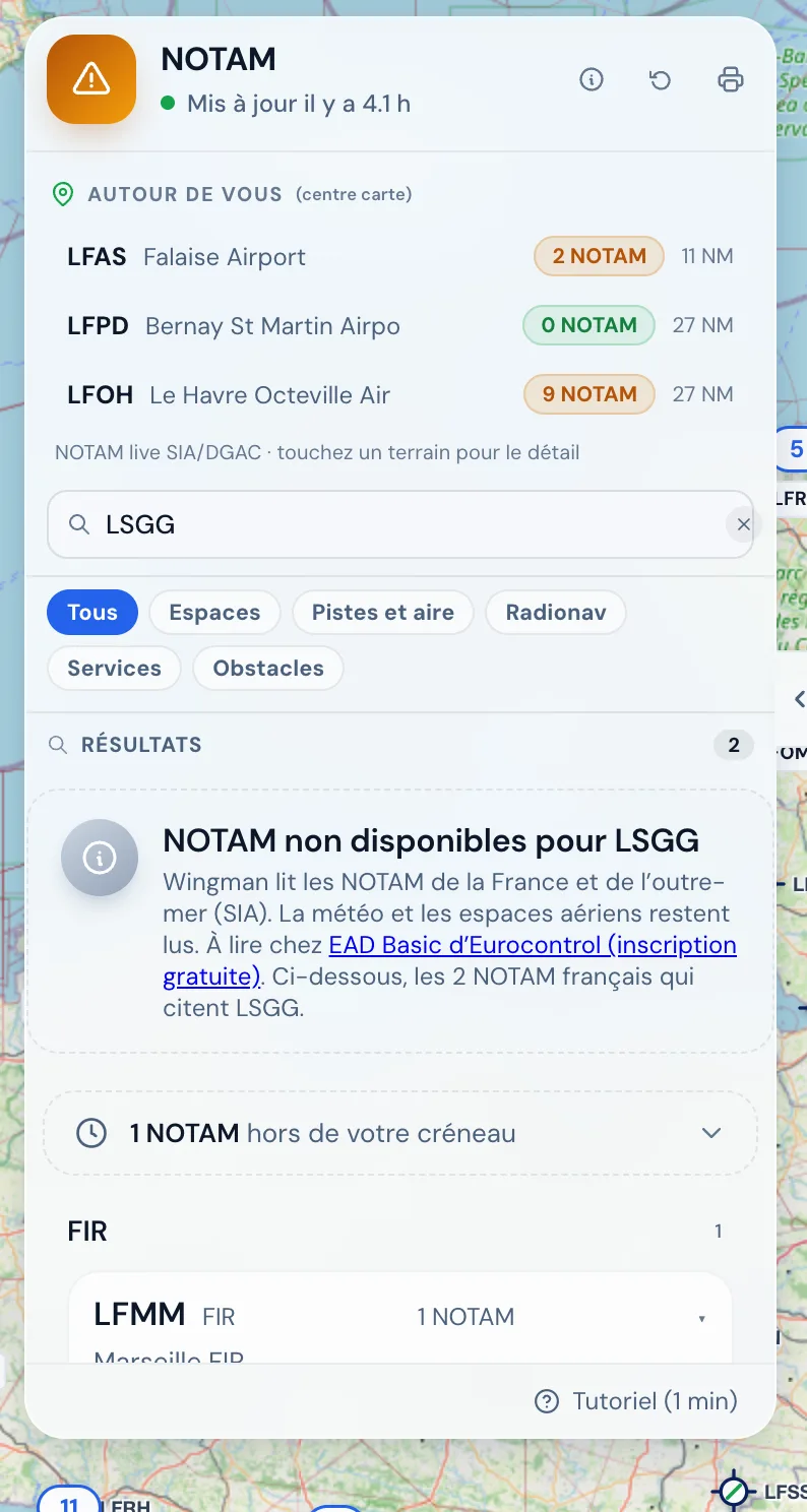 Un terrain hors couverture : « NOTAM non disponibles », et où les lire.