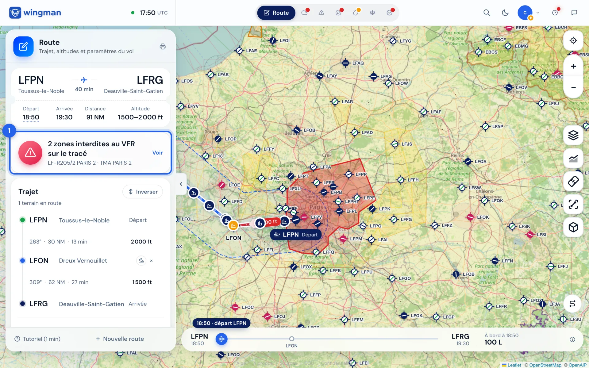 L’alerte « 2 zones interdites au VFR sur le tracé » (1), et la zone sur la carte.