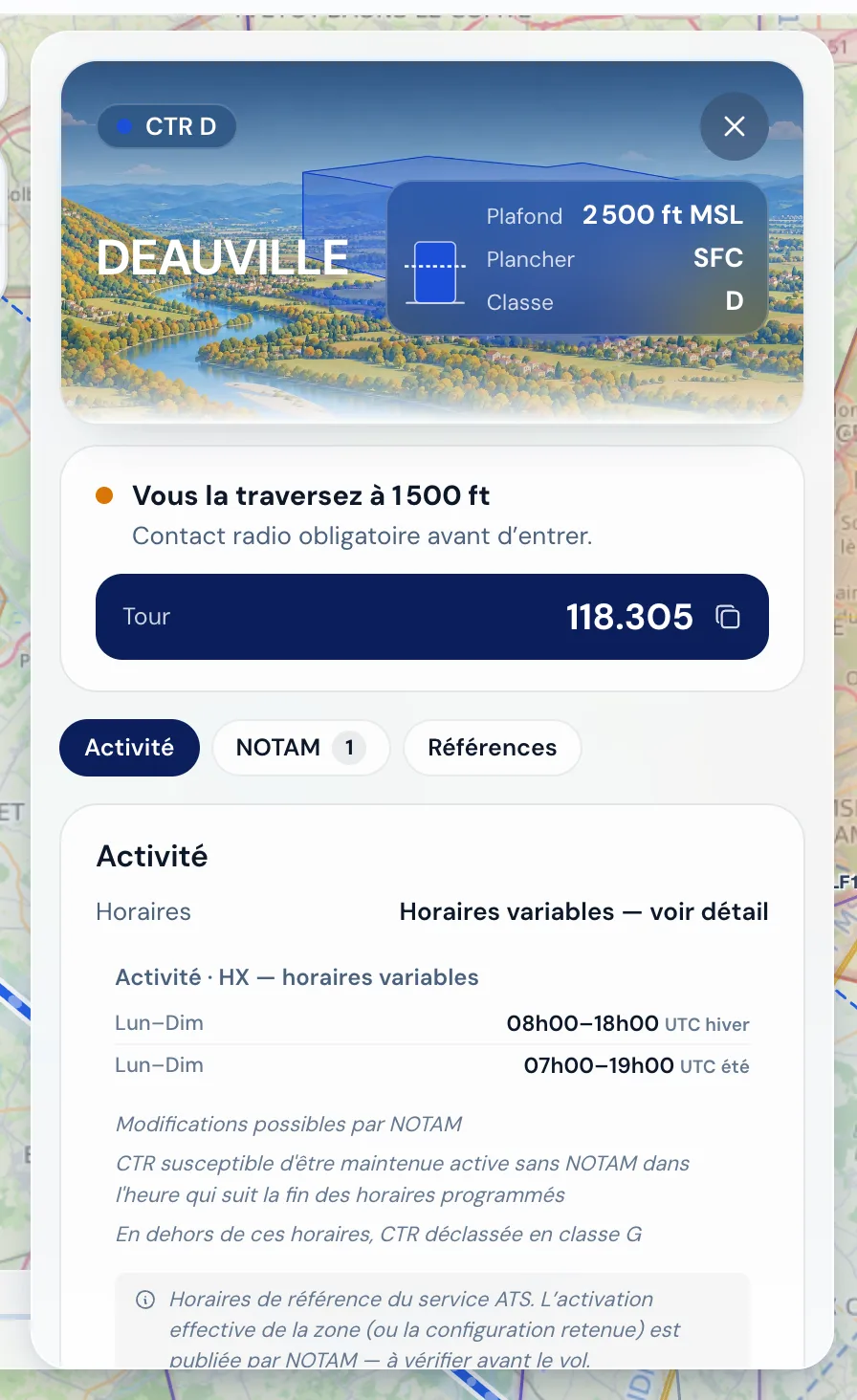 La fiche de la CTR de Deauville : limites, classe, fréquence, activité.