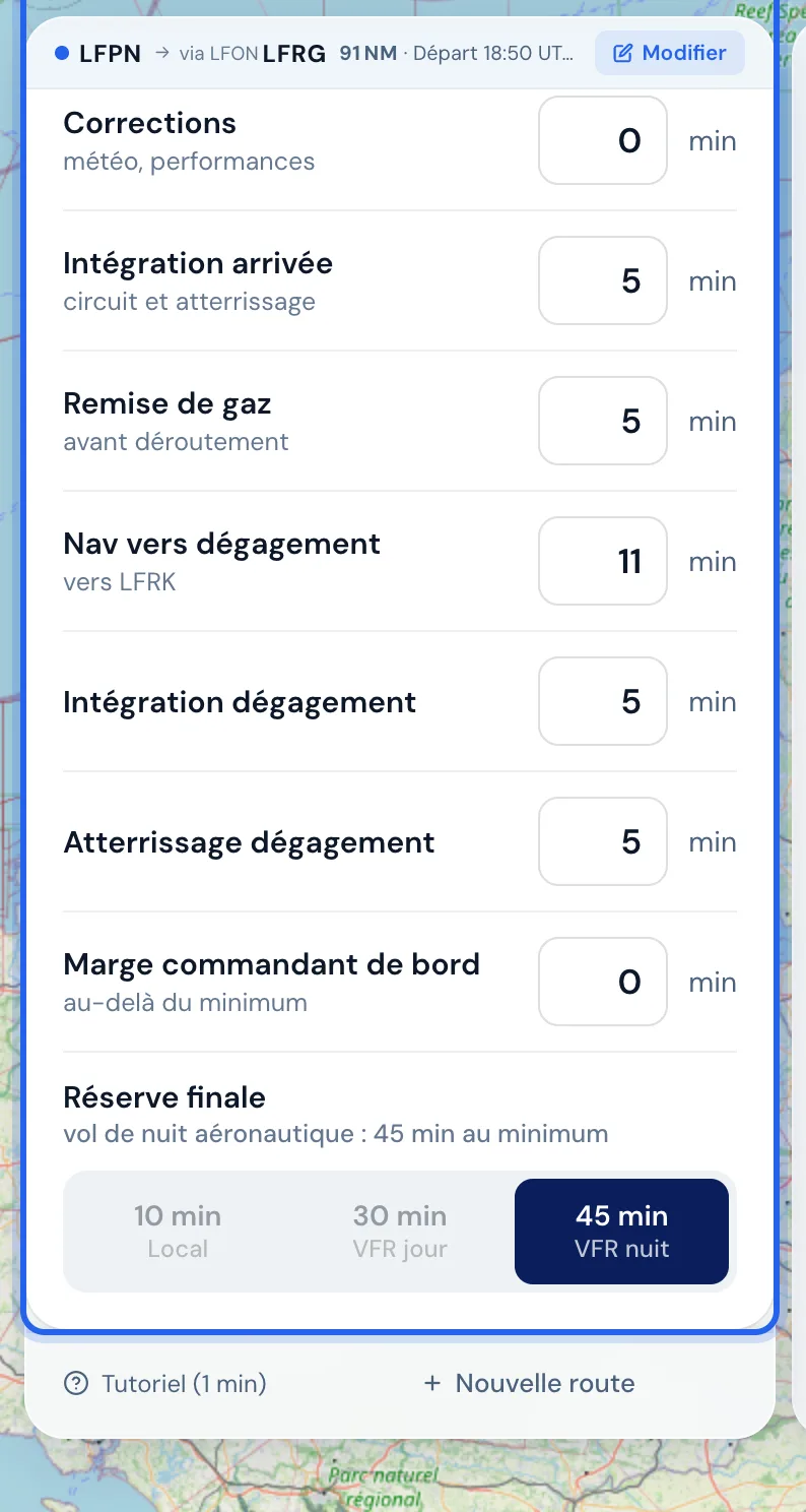 La réserve finale : local, VFR jour, VFR nuit.